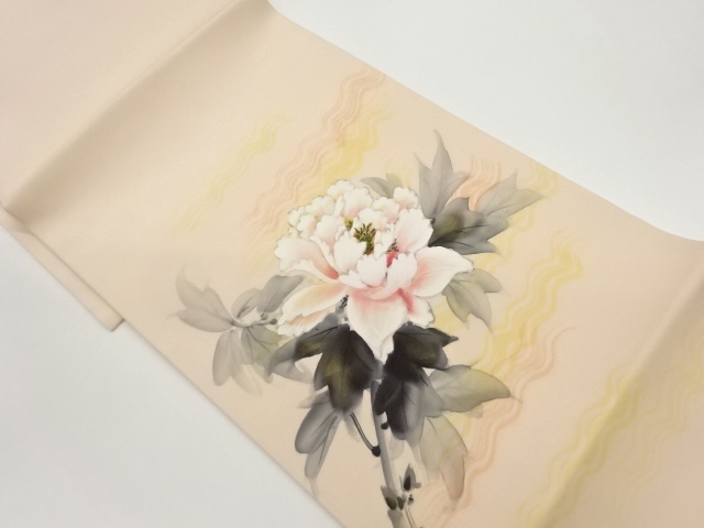 作家物　塩瀬手描き牡丹模様開き名古屋帯（額縁仕立て）